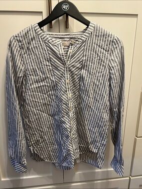 LOFT Blue and White Striped Button-Front Blouse